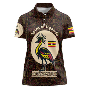 Uganda Women Polo Shirt - Grey Crowned Crane and Tribal Pattern Spirit of Uganda Theme