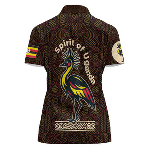 Uganda Women Polo Shirt - Grey Crowned Crane and Tribal Pattern Spirit of Uganda Theme