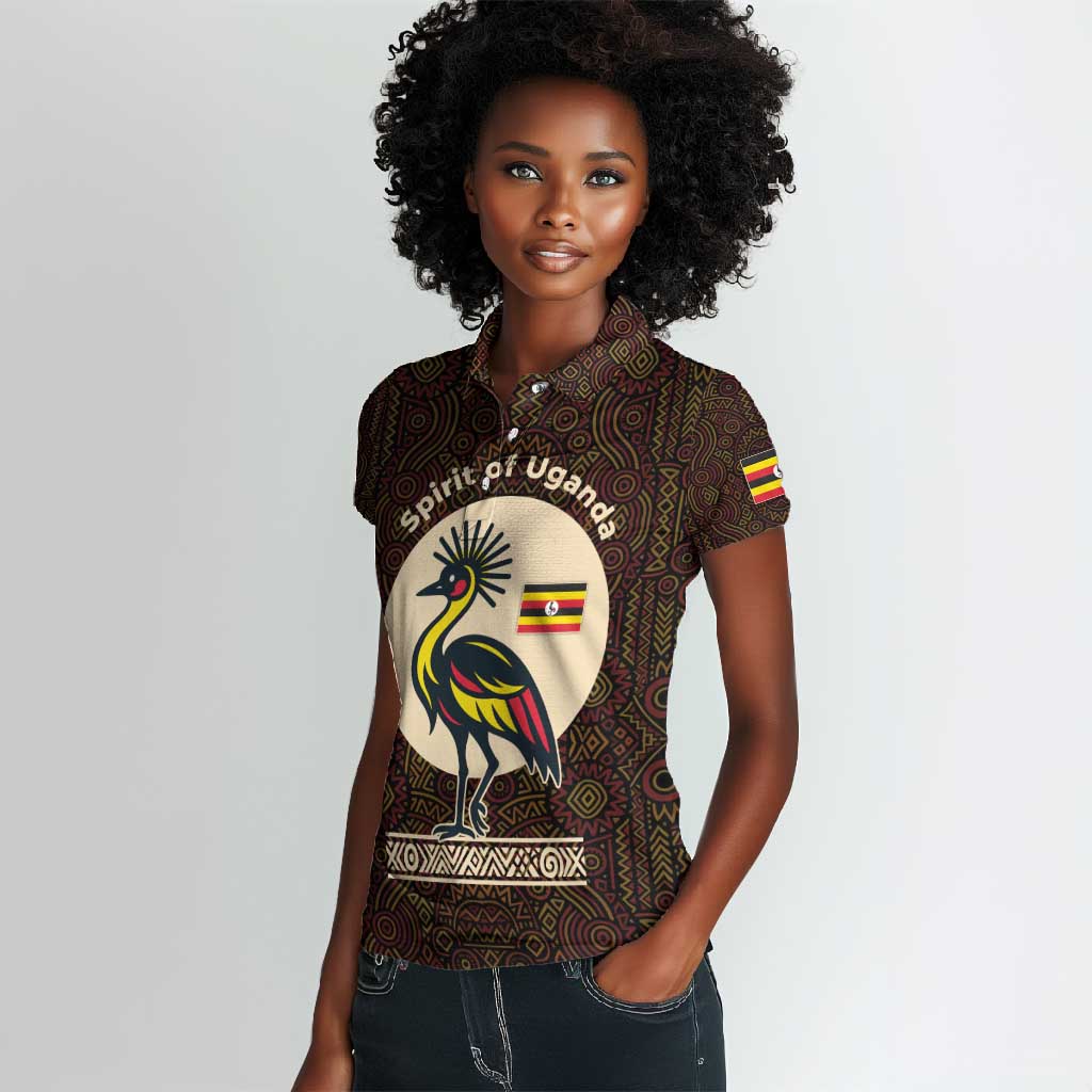 Uganda Women Polo Shirt - Grey Crowned Crane and Tribal Pattern Spirit of Uganda Theme