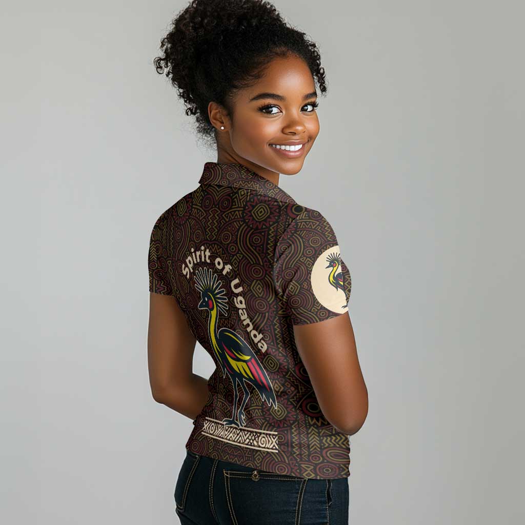 Uganda Women Polo Shirt - Grey Crowned Crane and Tribal Pattern Spirit of Uganda Theme