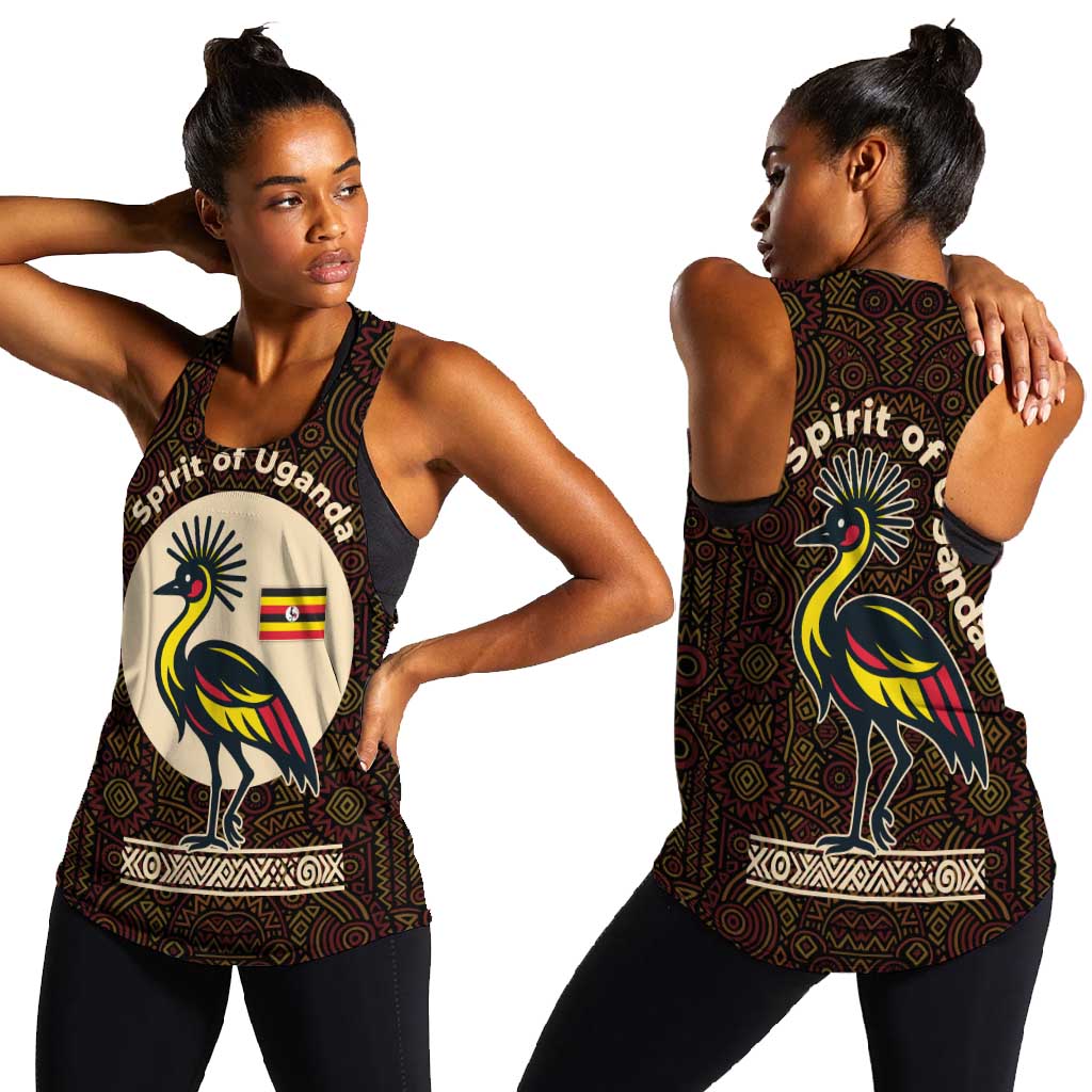 Uganda Women Racerback Tank - Grey Crowned Crane and Tribal Pattern Spirit of Uganda Theme