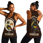 Uganda Women Racerback Tank - Grey Crowned Crane and Tribal Pattern Spirit of Uganda Theme