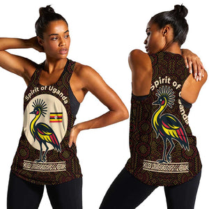 Uganda Women Racerback Tank - Grey Crowned Crane and Tribal Pattern Spirit of Uganda Theme
