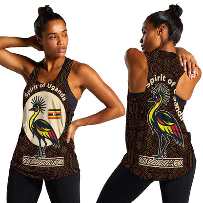 Uganda Women Racerback Tank - Grey Crowned Crane and Tribal Pattern Spirit of Uganda Theme