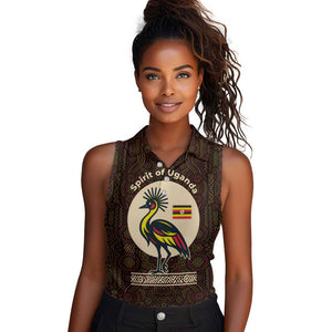 Uganda Women Sleeveless Polo Shirt - Grey Crowned Crane and Tribal Pattern Spirit of Uganda Theme