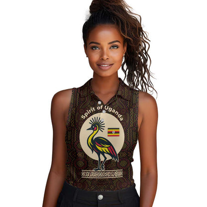 Uganda Women Sleeveless Polo Shirt - Grey Crowned Crane and Tribal Pattern Spirit of Uganda Theme
