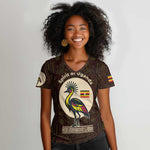 Uganda Women V-Neck T-Shirt - Grey Crowned Crane and Tribal Pattern Spirit of Uganda Theme