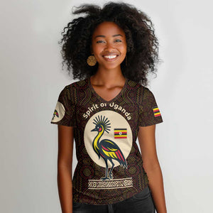 Uganda Women V-Neck T-Shirt - Grey Crowned Crane and Tribal Pattern Spirit of Uganda Theme