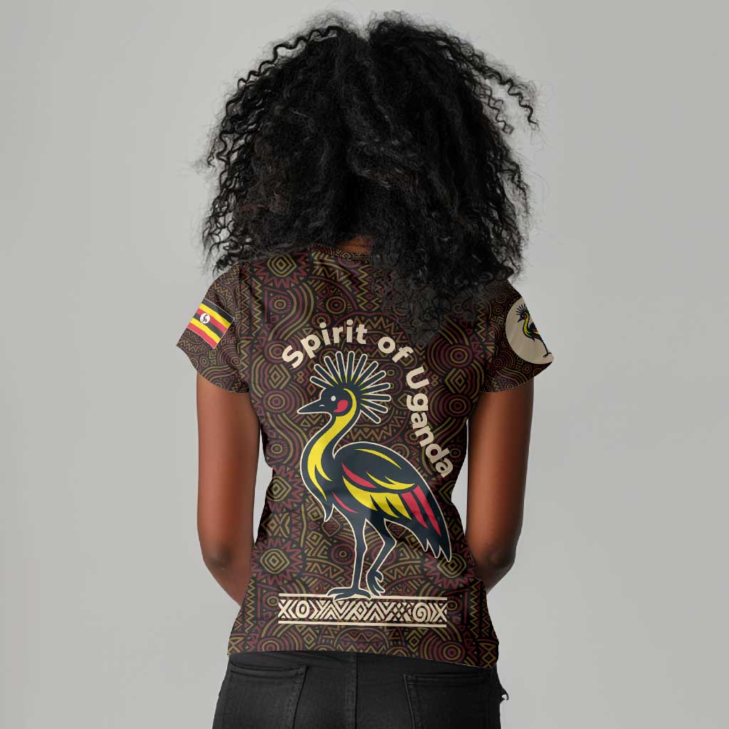 Uganda Women V-Neck T-Shirt - Grey Crowned Crane and Tribal Pattern Spirit of Uganda Theme