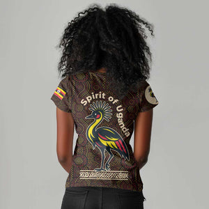 Uganda Women V-Neck T-Shirt - Grey Crowned Crane and Tribal Pattern Spirit of Uganda Theme