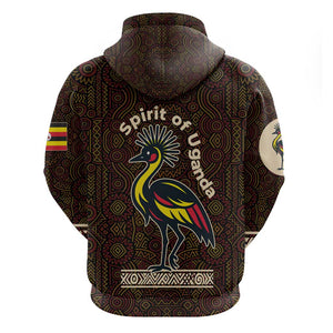 Uganda Zip Hoodie - Grey Crowned Crane and Tribal Pattern Spirit of Uganda Theme