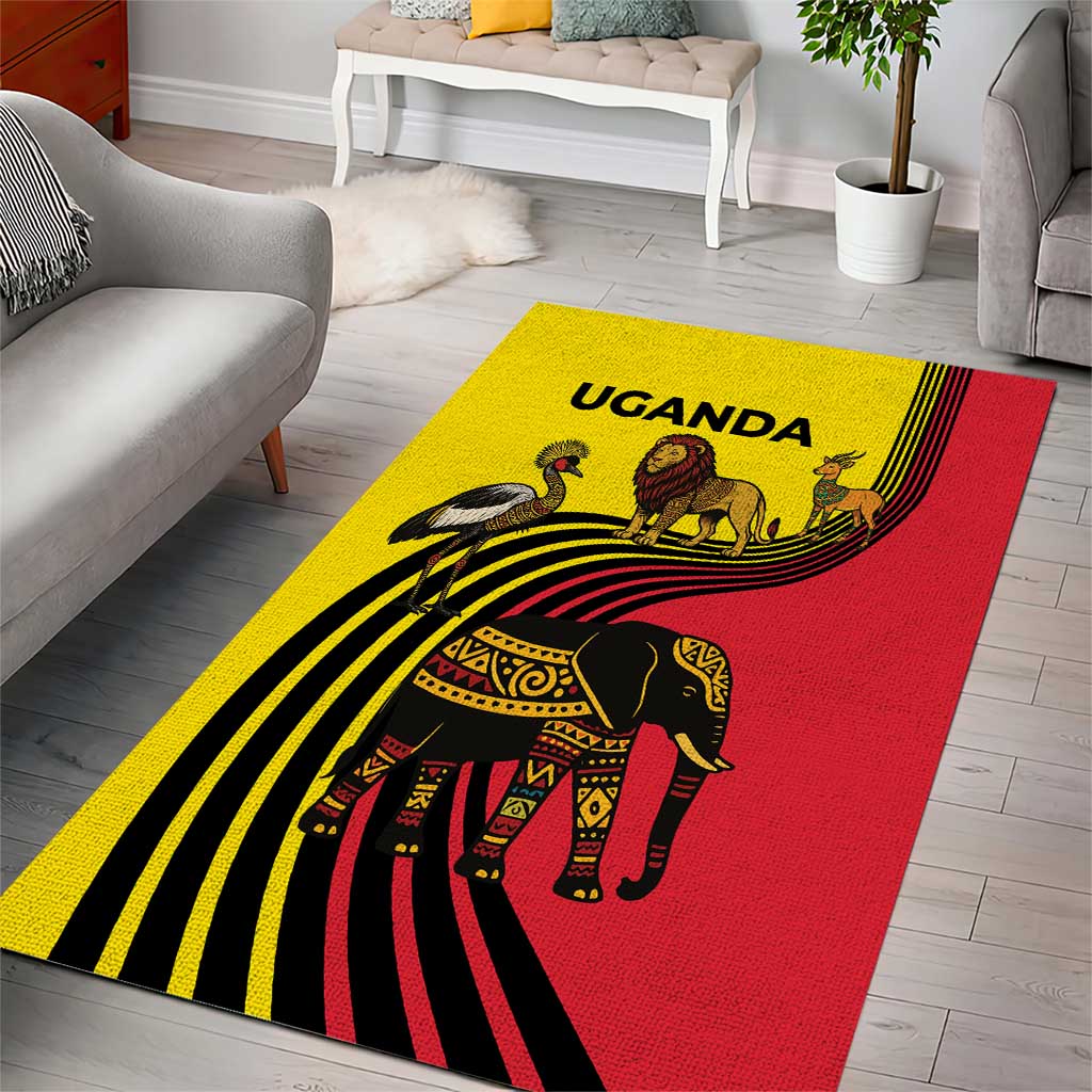Uganda Area Rug - African Wildlife Elephant Lion and Crane in Tribal Pattern Design