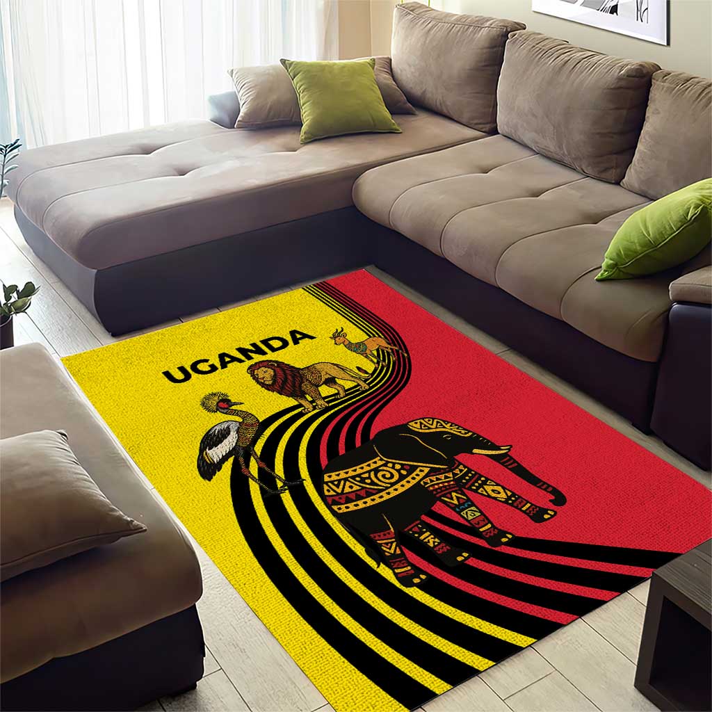 Uganda Area Rug - African Wildlife Elephant Lion and Crane in Tribal Pattern Design