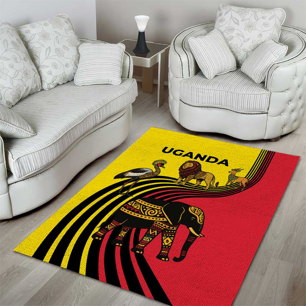 Uganda Area Rug - African Wildlife Elephant Lion and Crane in Tribal Pattern Design