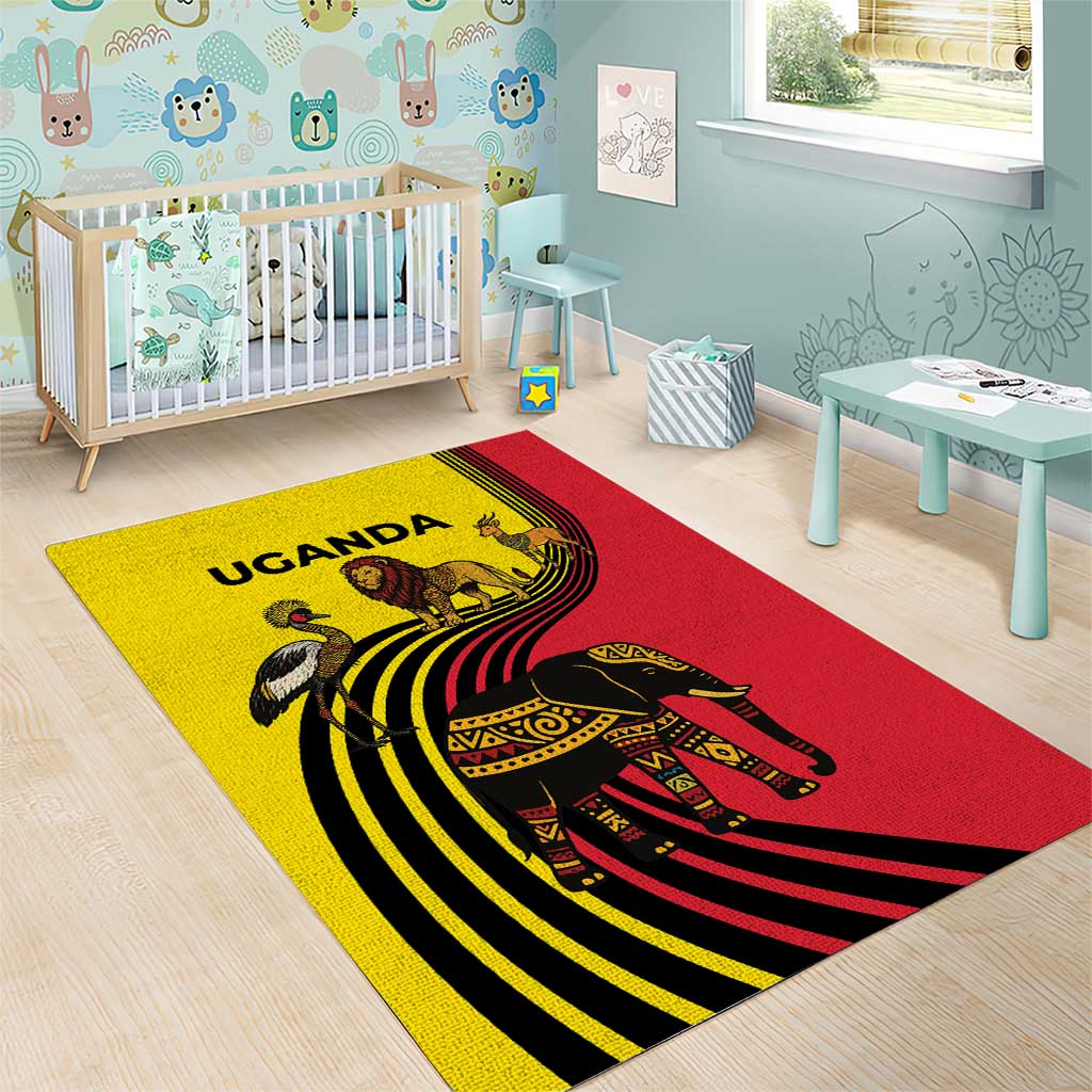 Uganda Area Rug - African Wildlife Elephant Lion and Crane in Tribal Pattern Design