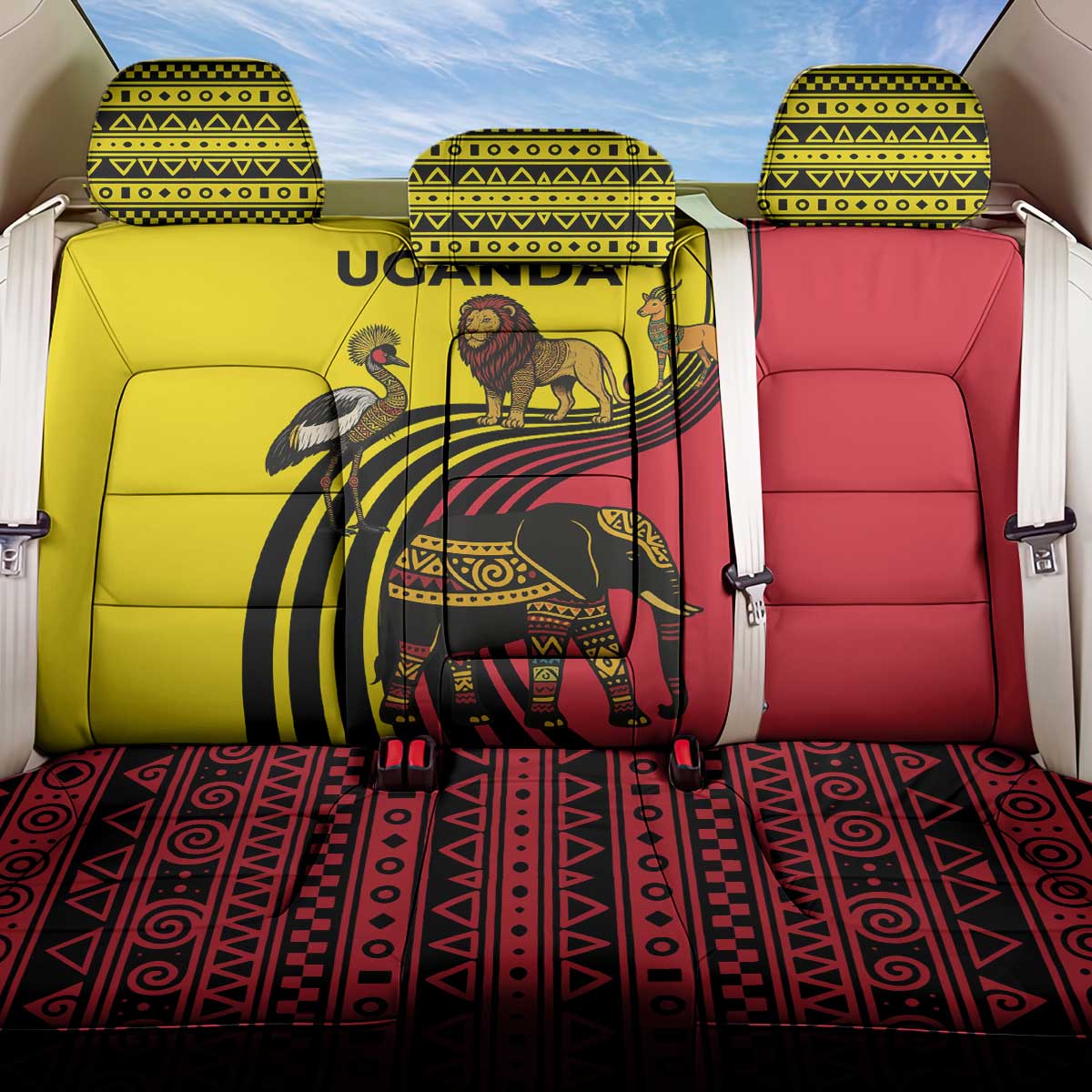 Uganda Back Car Seat Cover - African Wildlife Elephant Lion and Crane in Tribal Pattern Design