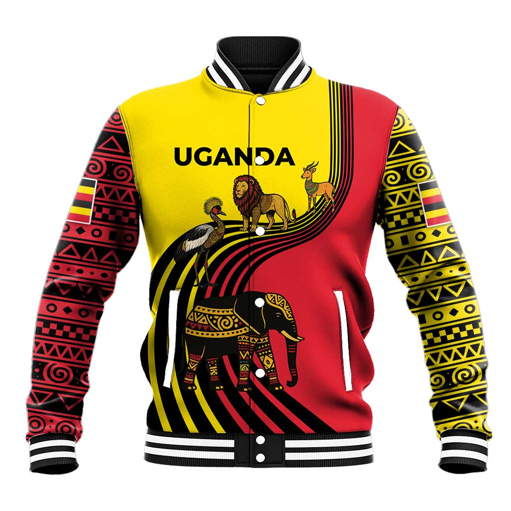 Uganda Baseball Jacket - African Wildlife Elephant Lion and Crane in Tribal Pattern Design