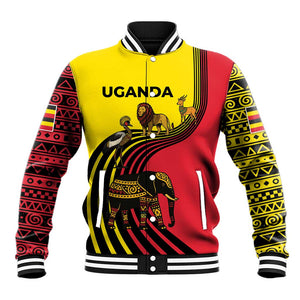 Uganda Baseball Jacket - African Wildlife Elephant Lion and Crane in Tribal Pattern Design