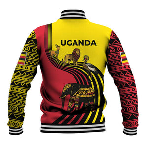 Uganda Baseball Jacket - African Wildlife Elephant Lion and Crane in Tribal Pattern Design