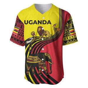 Uganda Baseball Jersey - African Wildlife Elephant Lion and Crane in Tribal Pattern Design