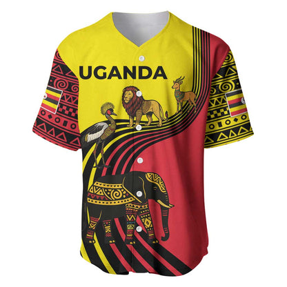 Uganda Baseball Jersey - African Wildlife Elephant Lion and Crane in Tribal Pattern Design