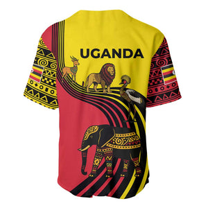 Uganda Baseball Jersey - African Wildlife Elephant Lion and Crane in Tribal Pattern Design