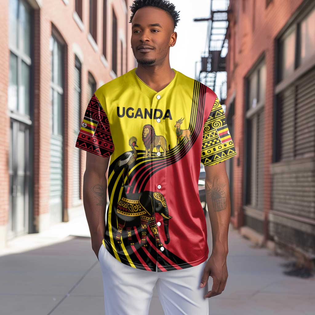 Uganda Baseball Jersey - African Wildlife Elephant Lion and Crane in Tribal Pattern Design
