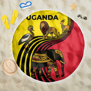 Uganda Beach Blanket - African Wildlife Elephant Lion and Crane in Tribal Pattern Design