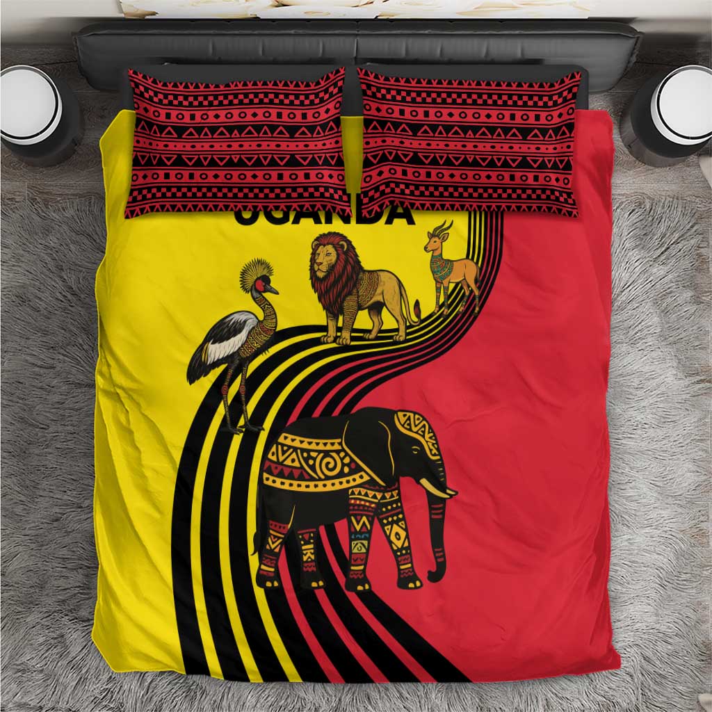 Uganda Bedding Set - African Wildlife Elephant Lion and Crane in Tribal Pattern Design