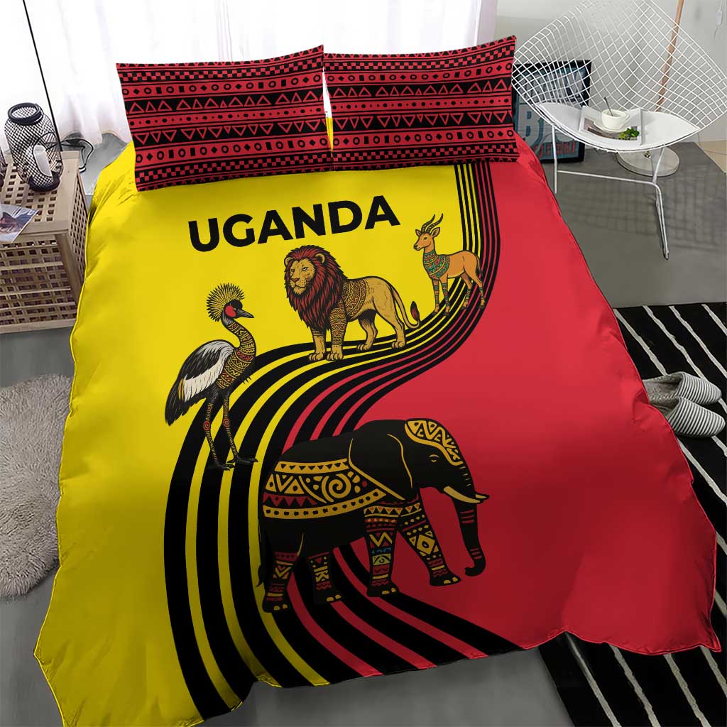 Uganda Bedding Set - African Wildlife Elephant Lion and Crane in Tribal Pattern Design
