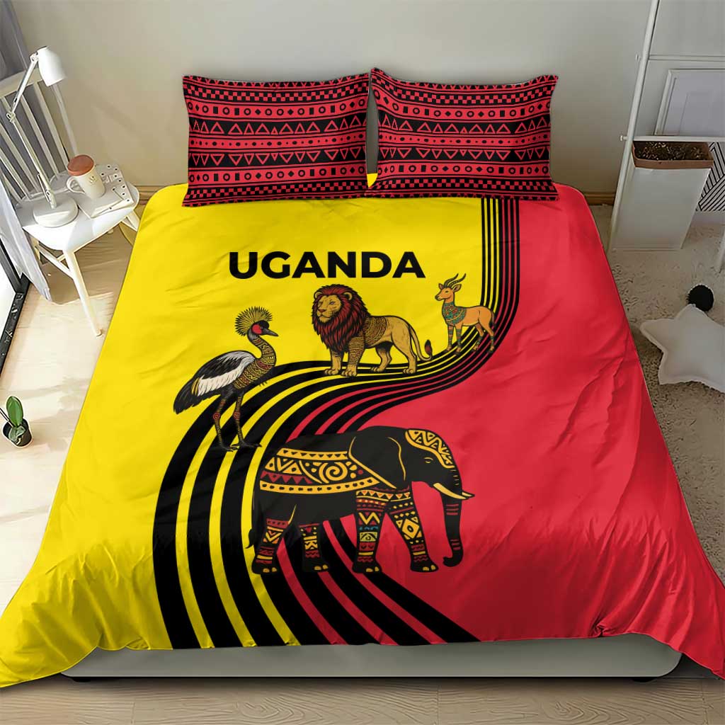 Uganda Bedding Set - African Wildlife Elephant Lion and Crane in Tribal Pattern Design