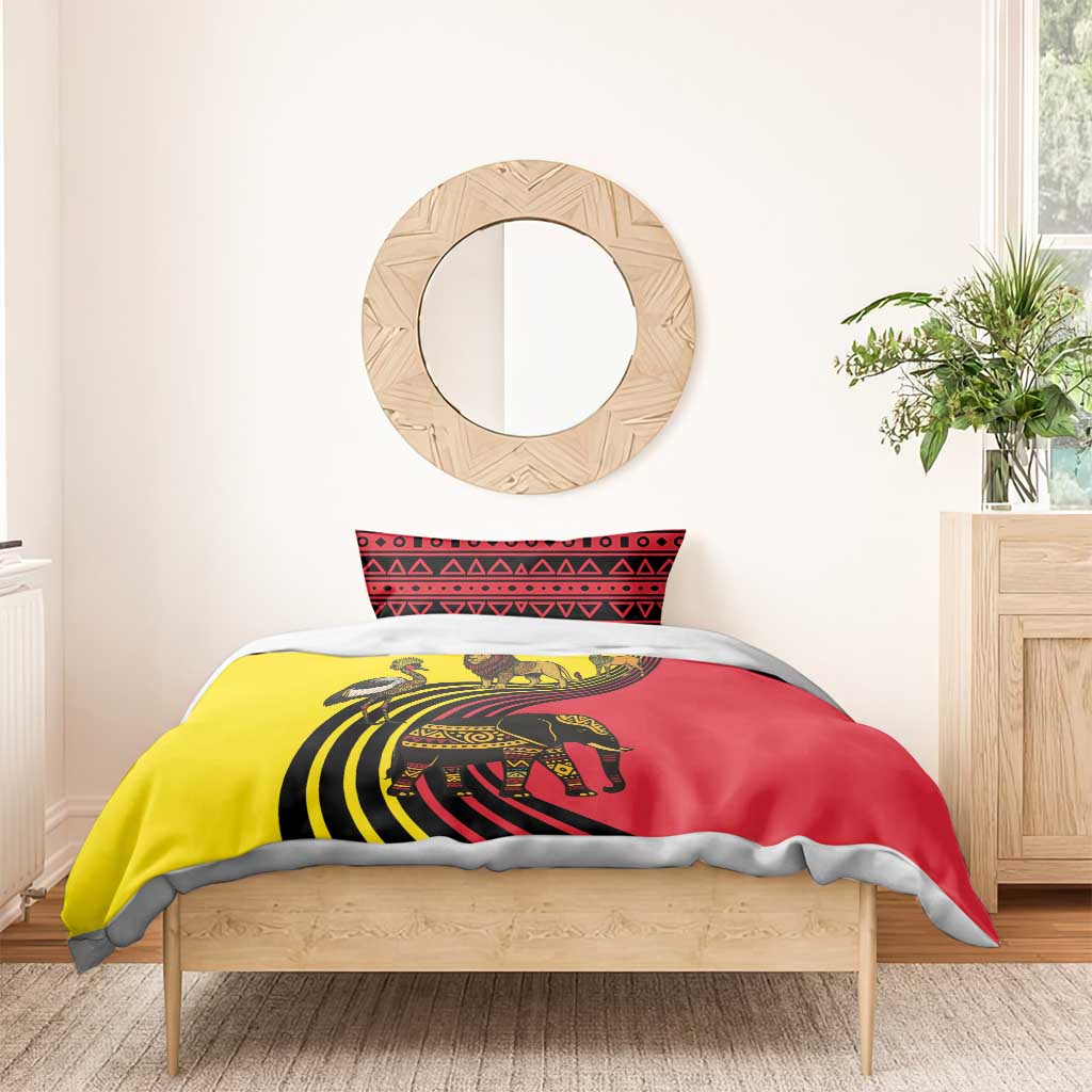 Uganda Bedding Set - African Wildlife Elephant Lion and Crane in Tribal Pattern Design