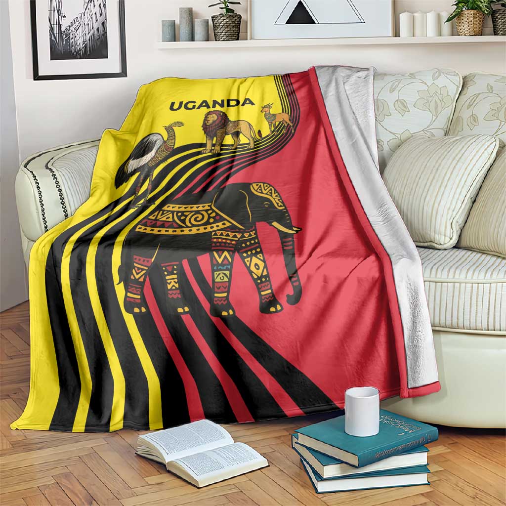 Uganda Blanket - African Wildlife Elephant Lion and Crane in Tribal Pattern Design