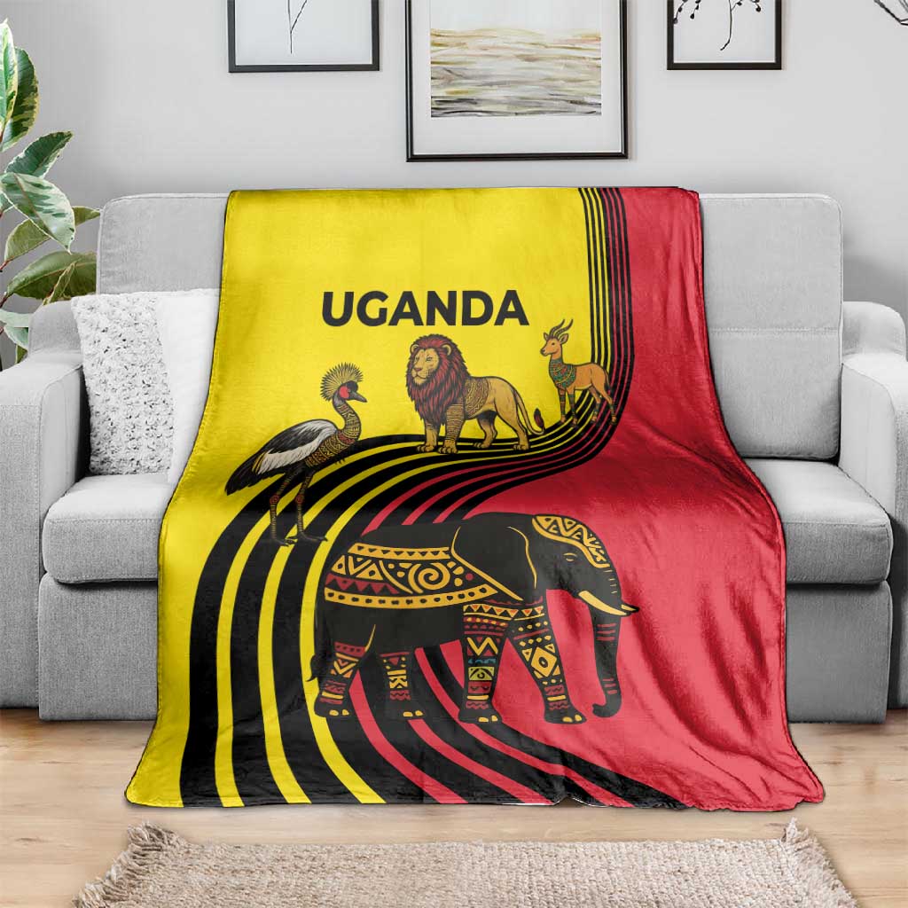 Uganda Blanket - African Wildlife Elephant Lion and Crane in Tribal Pattern Design