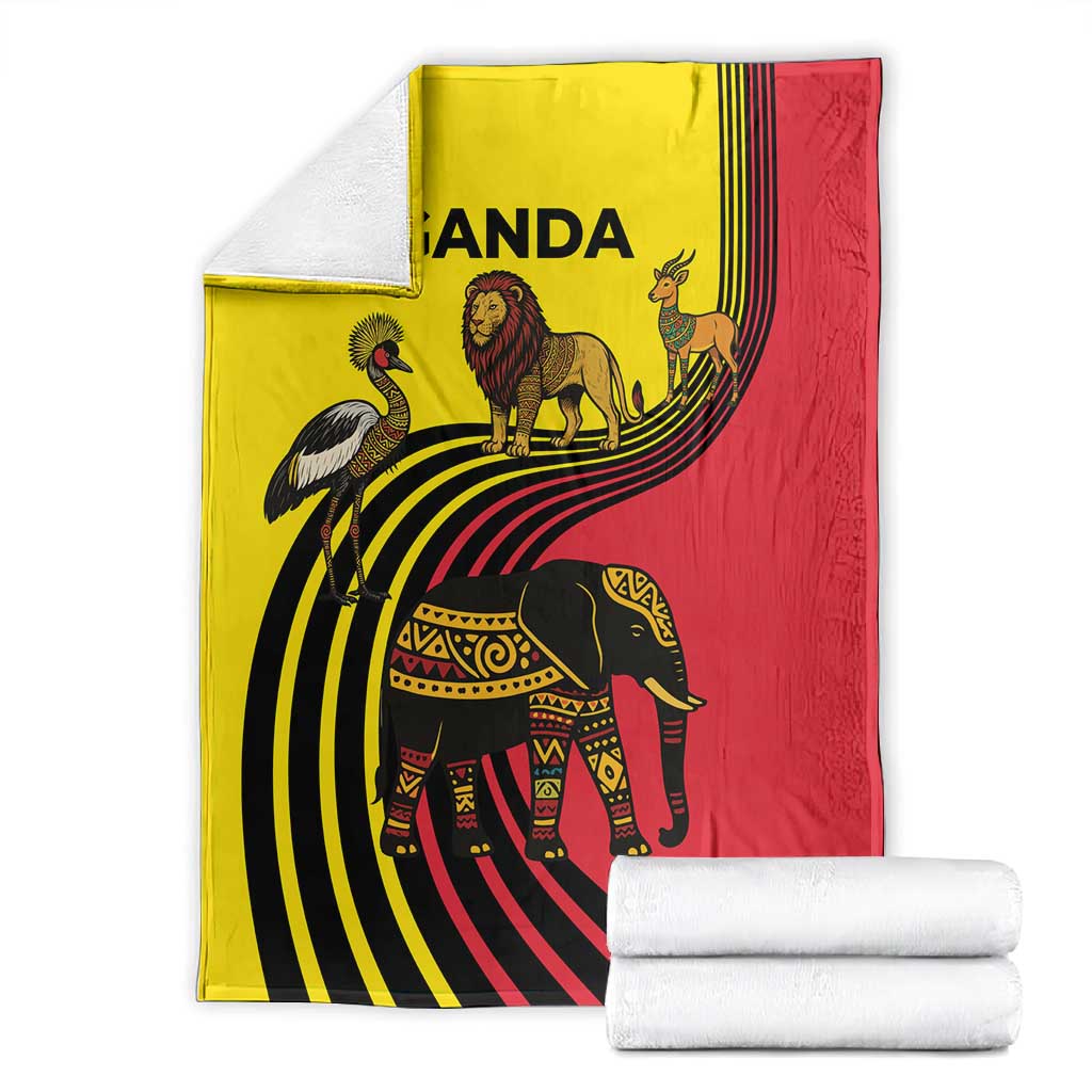 Uganda Blanket - African Wildlife Elephant Lion and Crane in Tribal Pattern Design