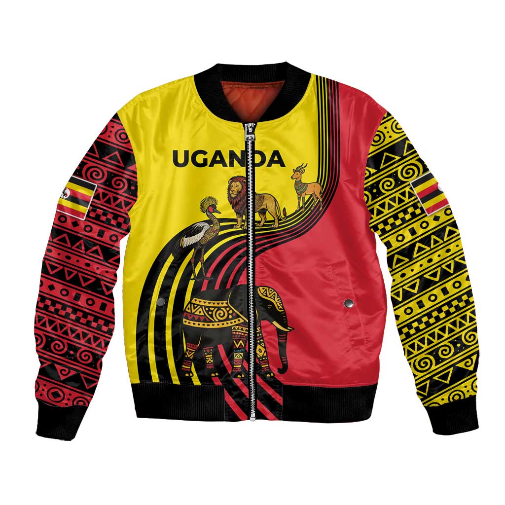 Uganda Bomber Jacket - African Wildlife Elephant Lion and Crane in Tribal Pattern Design