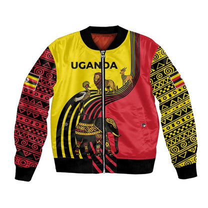 Uganda Bomber Jacket - African Wildlife Elephant Lion and Crane in Tribal Pattern Design