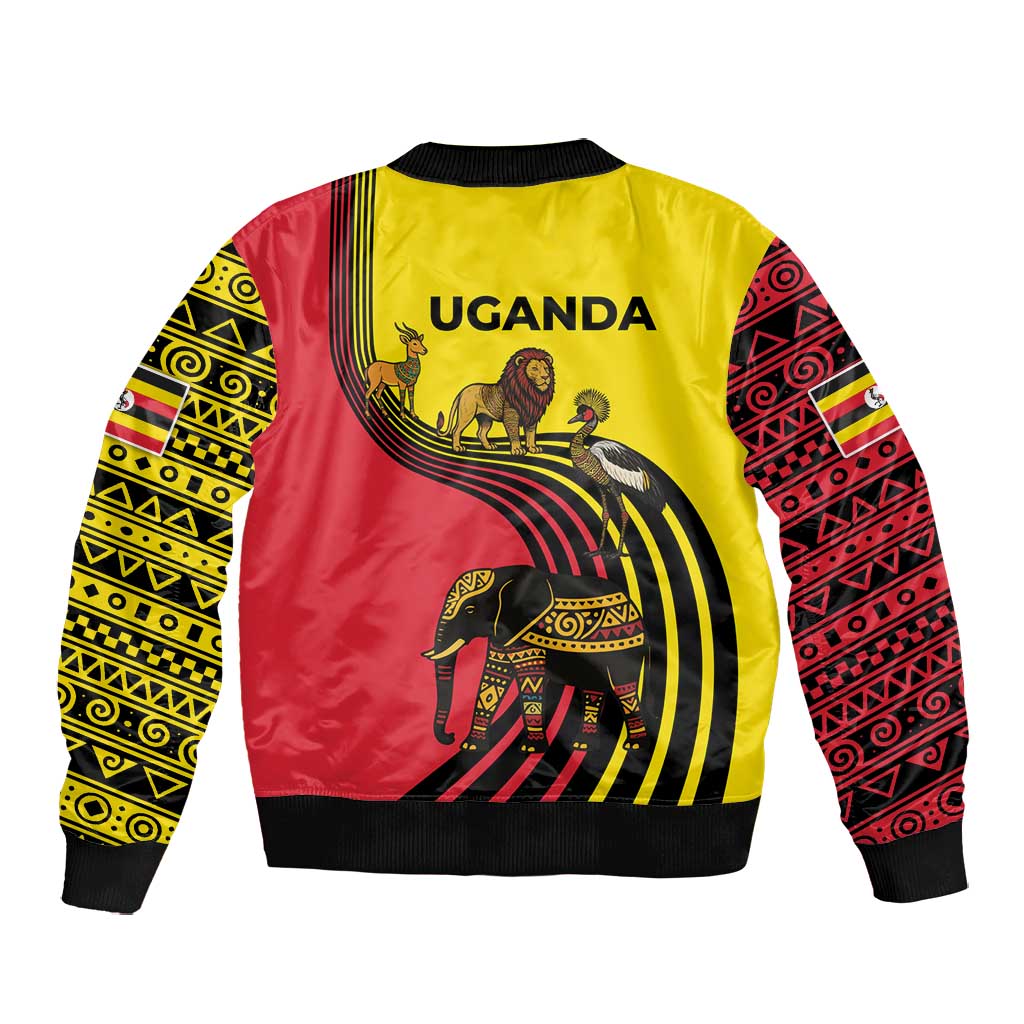 Uganda Bomber Jacket - African Wildlife Elephant Lion and Crane in Tribal Pattern Design