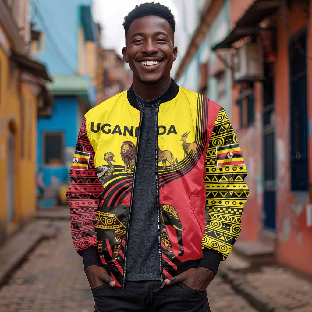 Uganda Bomber Jacket - African Wildlife Elephant Lion and Crane in Tribal Pattern Design