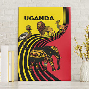 Uganda Canvas Wall Art - African Wildlife Elephant Lion and Crane in Tribal Pattern Design