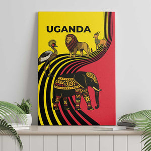 Uganda Canvas Wall Art - African Wildlife Elephant Lion and Crane in Tribal Pattern Design
