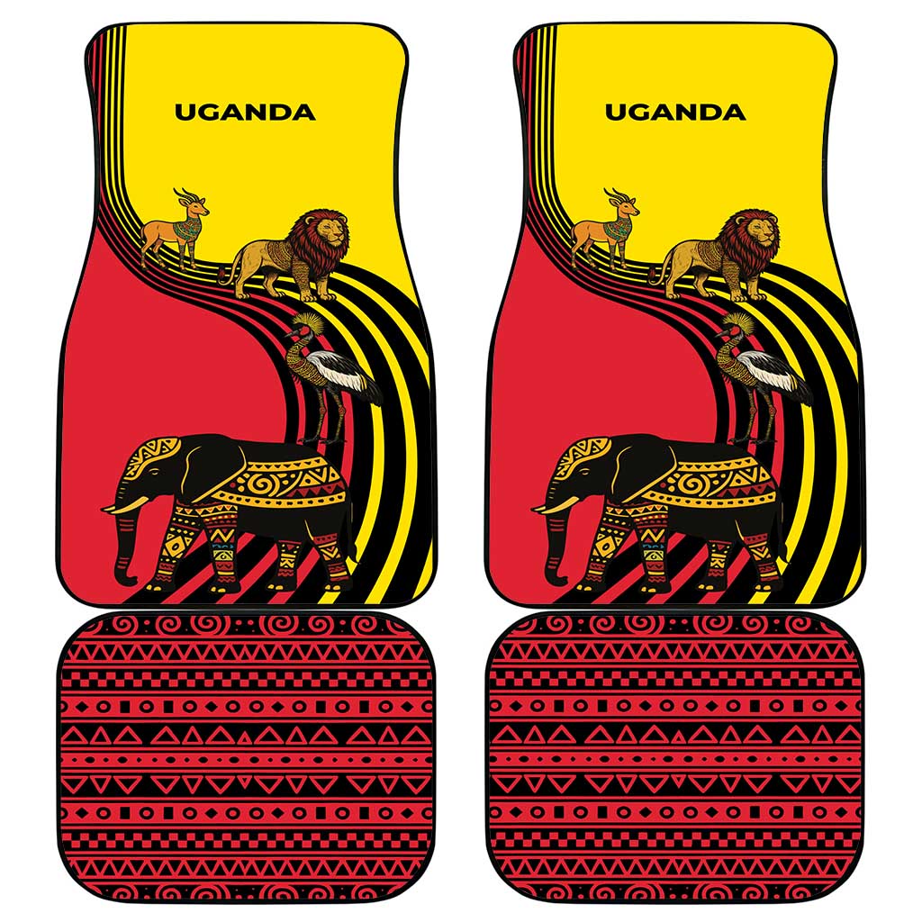 Uganda Car Mats - African Wildlife Elephant Lion and Crane in Tribal Pattern Design