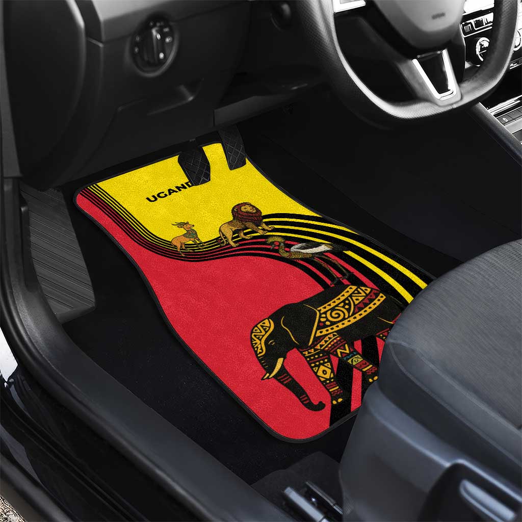 Uganda Car Mats - African Wildlife Elephant Lion and Crane in Tribal Pattern Design