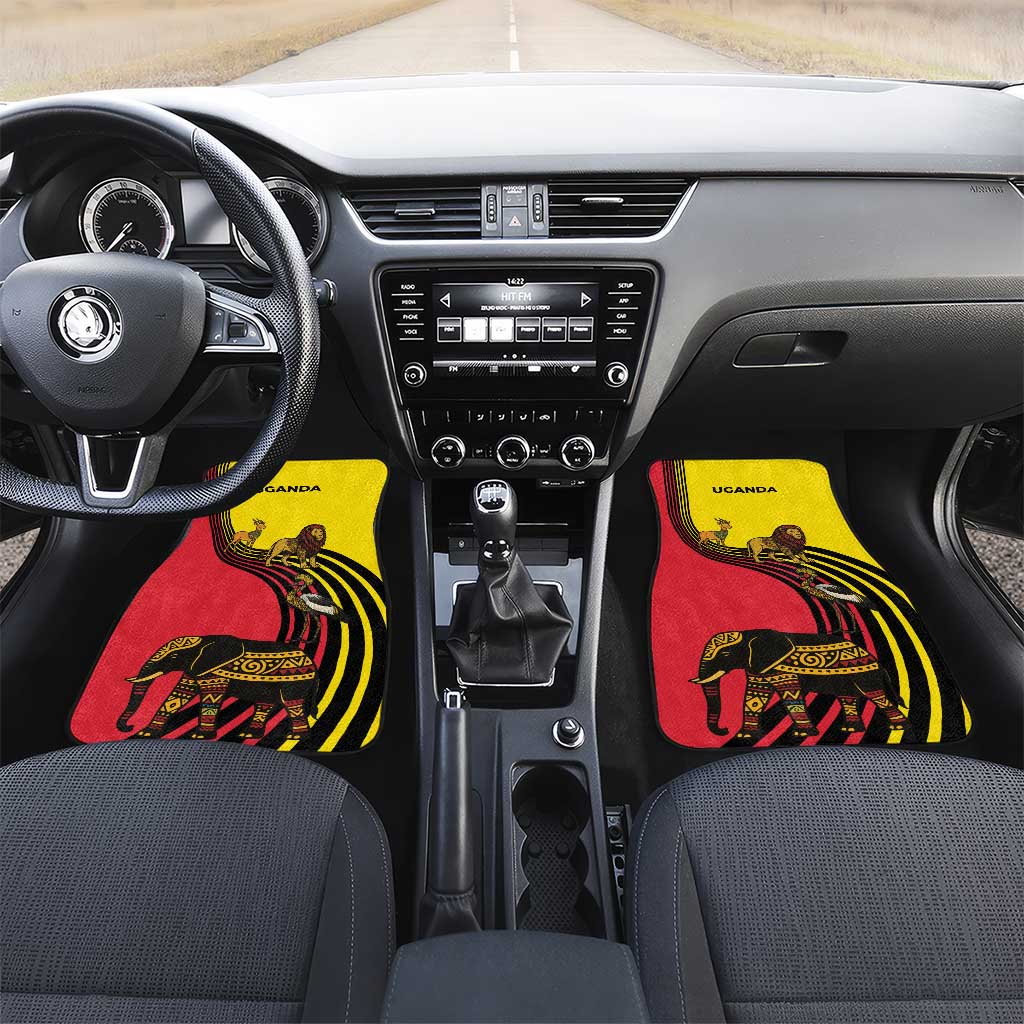 Uganda Car Mats - African Wildlife Elephant Lion and Crane in Tribal Pattern Design