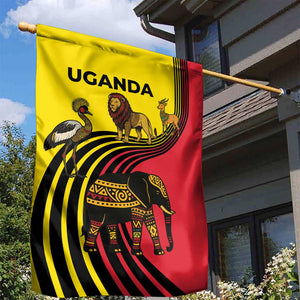 Uganda Garden Flag - African Wildlife Elephant Lion and Crane in Tribal Pattern Design