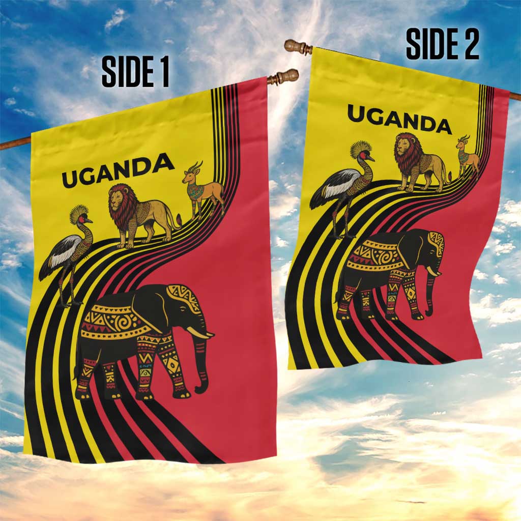 Uganda Garden Flag - African Wildlife Elephant Lion and Crane in Tribal Pattern Design