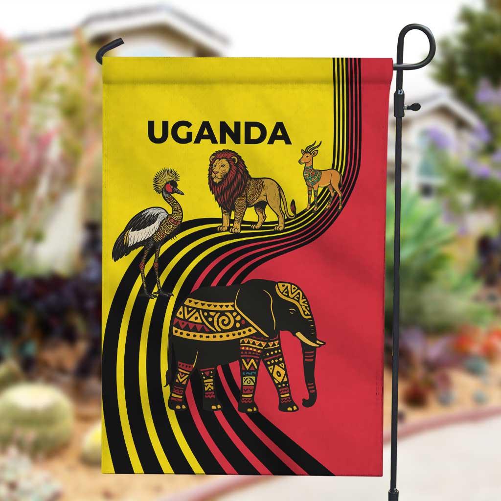 Uganda Garden Flag - African Wildlife Elephant Lion and Crane in Tribal Pattern Design