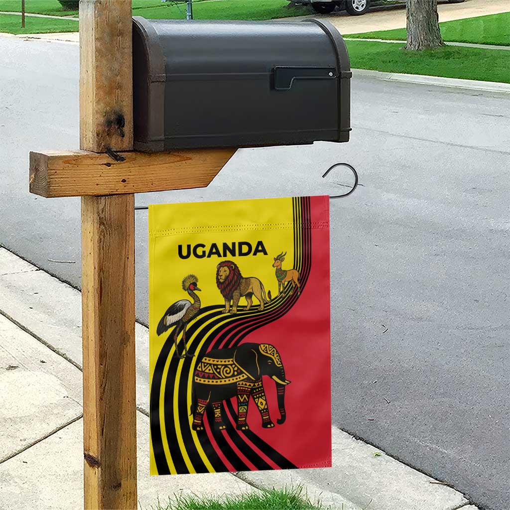 Uganda Garden Flag - African Wildlife Elephant Lion and Crane in Tribal Pattern Design