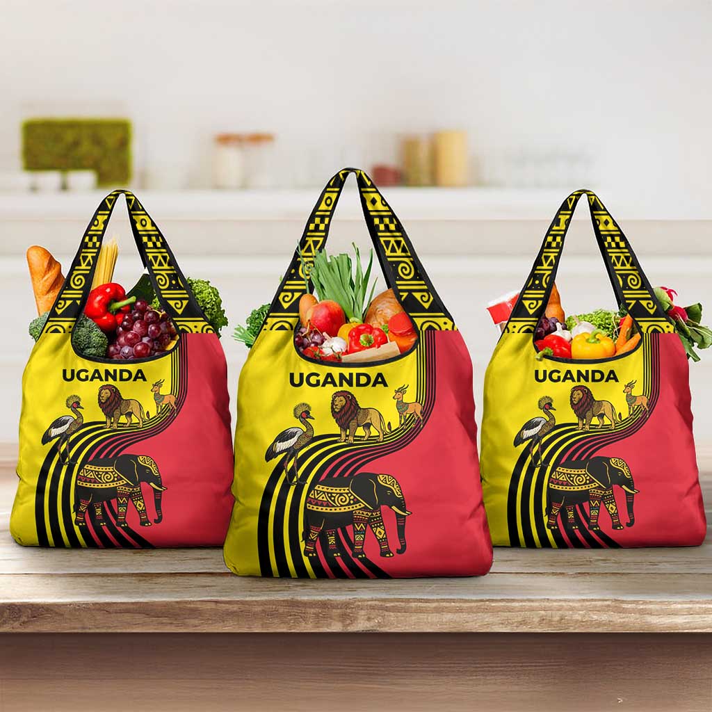 Uganda Grocery Bag - African Wildlife Elephant Lion and Crane in Tribal Pattern Design
