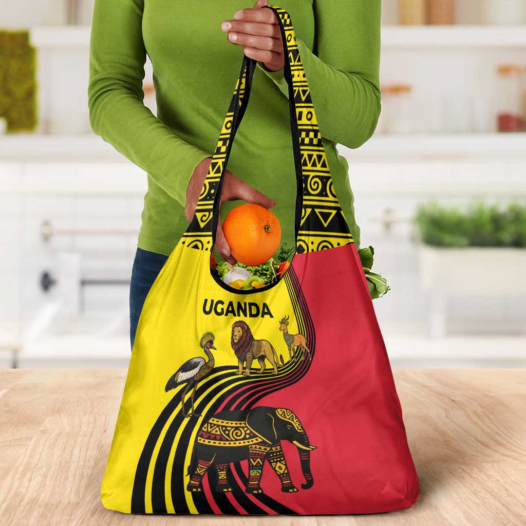 Uganda Grocery Bag - African Wildlife Elephant Lion and Crane in Tribal Pattern Design